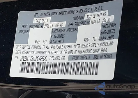 2018 Mazda Mazda3 Touring из США, поврежденный, VIN 3MZBN1V31JM248529